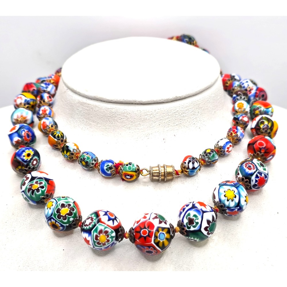 Italy Murano Millefiori Graduated Hand Knotted Beaded 28" Vintage Necklace